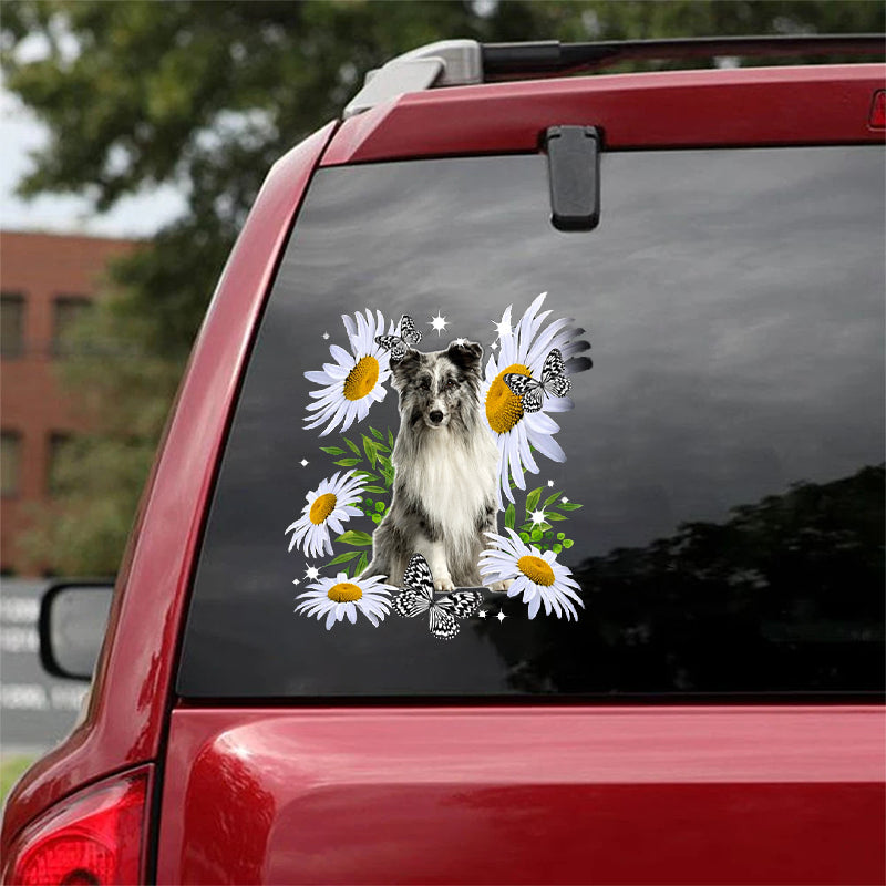 Shetland Sheepdog-Daisy flower CAR STICKER