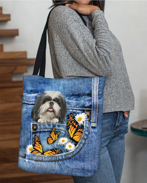 Shih-tzu-Butterfly Daisies Fait-CLOTH TOTE BAG