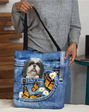 Shih-tzu-Butterfly Daisies Fait-CLOTH TOTE BAG