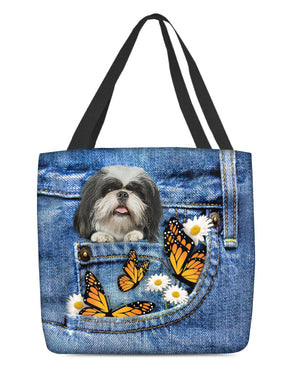 Shih-tzu-Butterfly Daisies Fait-CLOTH TOTE BAG