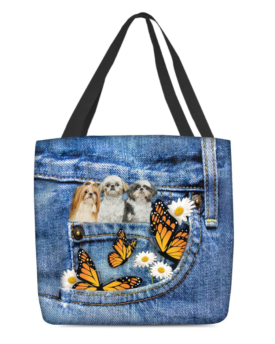 Shih-tzu3-Butterfly Daisies Fait-CLOTH TOTE BAG