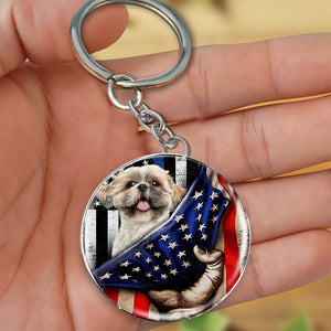 Shih Tzu-Inside American Flag Independence Day Round Resin Epoxy Metal Keychain