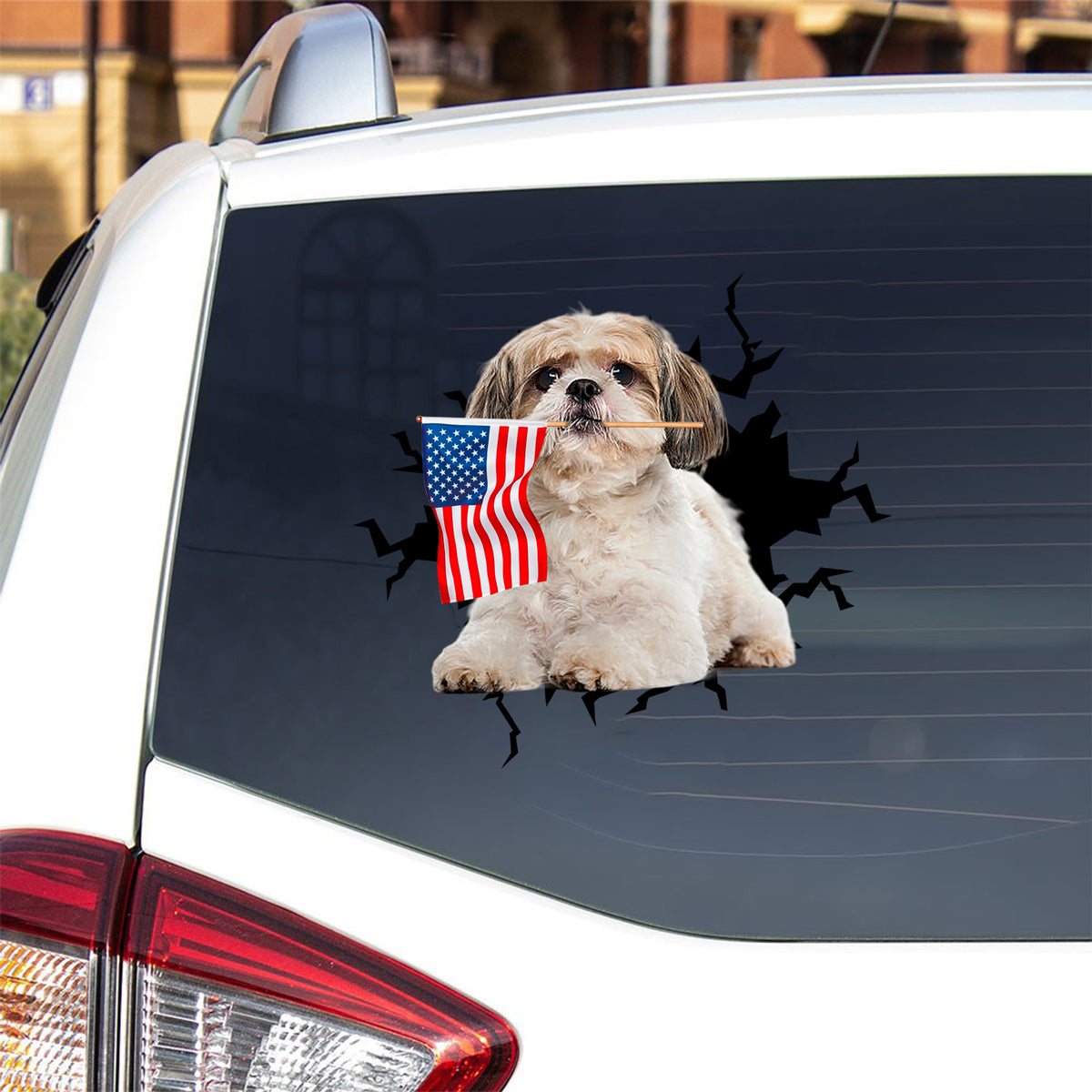 Shih Tzu And American Flag Independent Day Car Sticker Decal