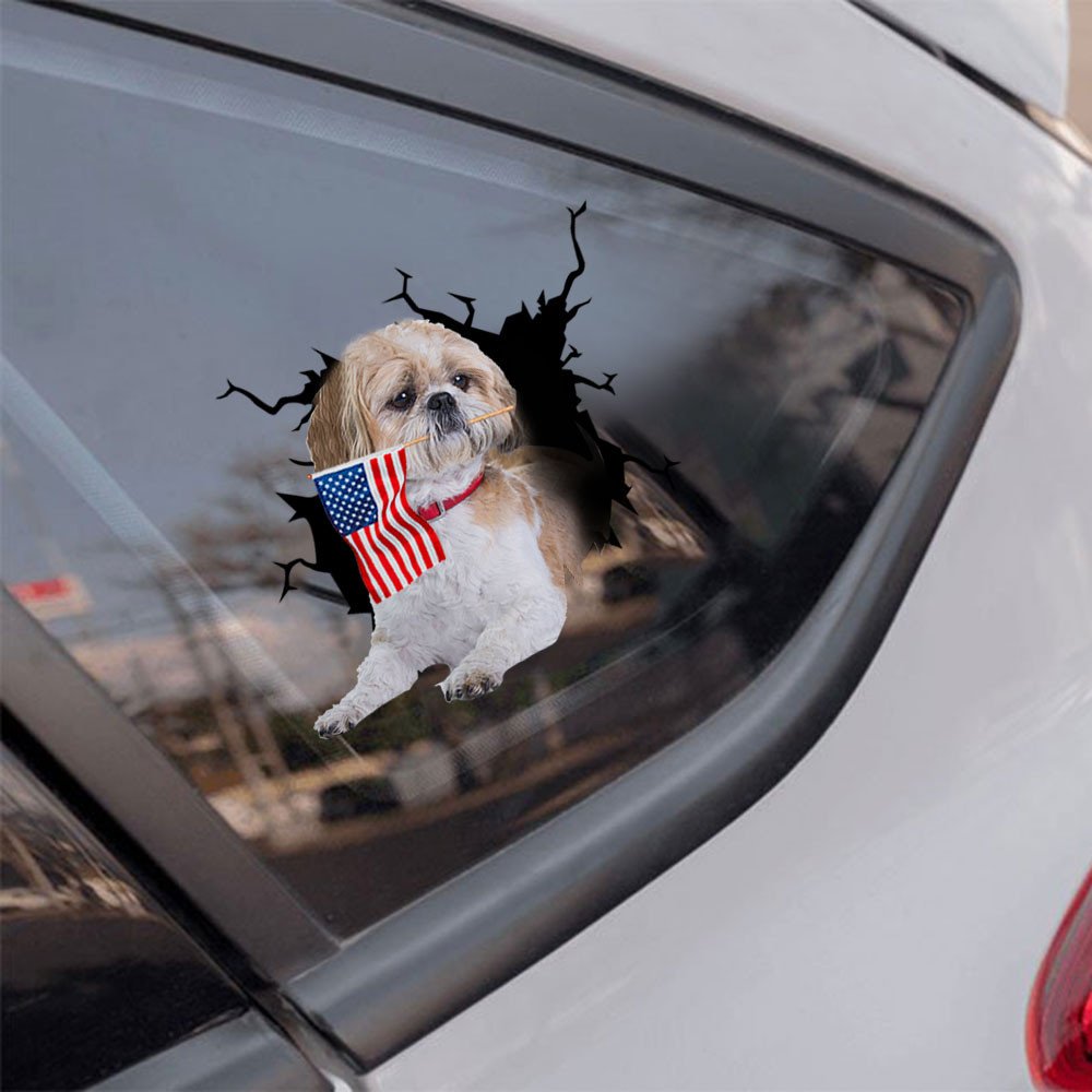 Shih Tzu And American Flag Independent Day Car Sticker Decal