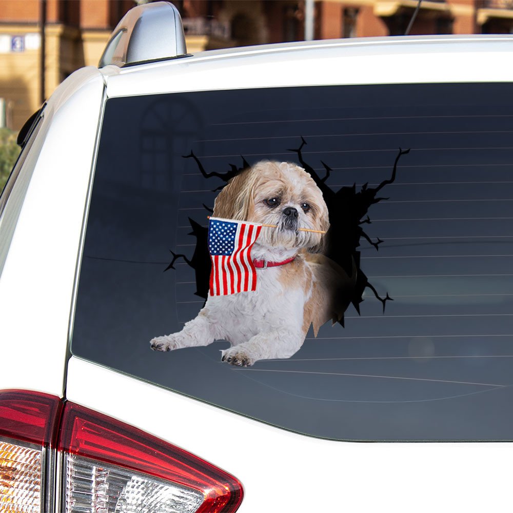 Shih Tzu And American Flag Independent Day Car Sticker Decal