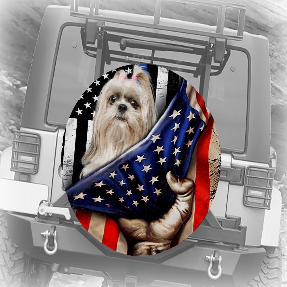 Shih Tzu Inside American Flag Independence Day Spare Tire Cover