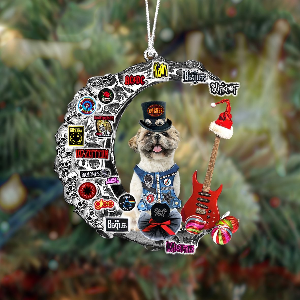 Shih Tzus-Metal Rock in Christmas Two Sided Ornament