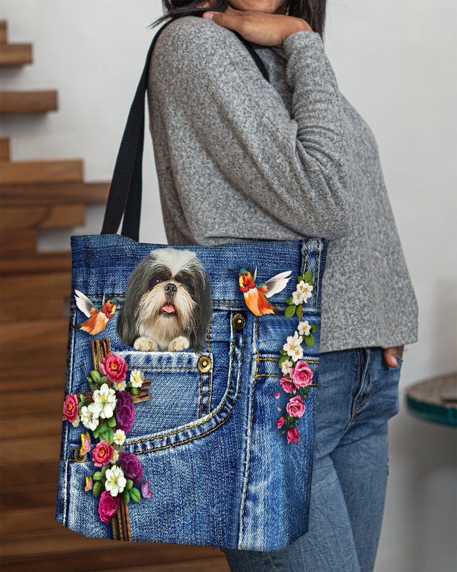 Shih tzu-Cardinal & Cross Flower Cloth Tote Bag