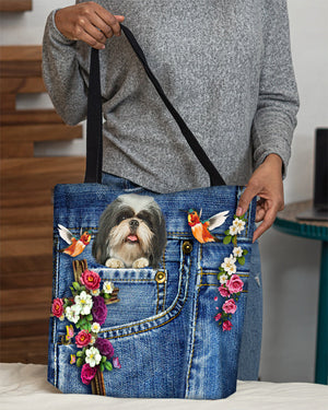 Shih tzu-Cardinal & Cross Flower Cloth Tote Bag