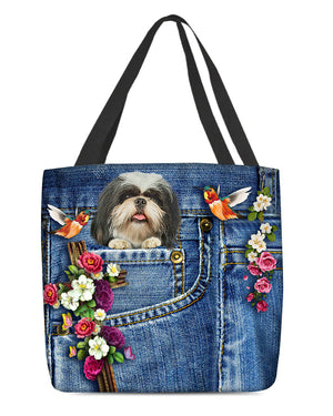 Shih tzu-Cardinal & Cross Flower Cloth Tote Bag