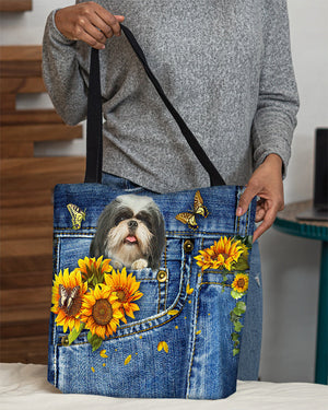 Shih tzu-Sunflowers & Butterflies Cloth Tote Bag