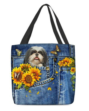 Shih tzu-Sunflowers & Butterflies Cloth Tote Bag