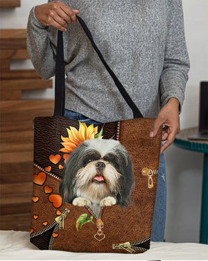 Shih tzu-Sunflower&zipper Cloth Tote Bag