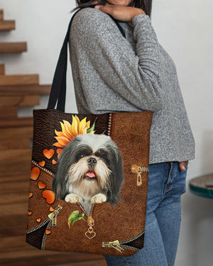 Shih tzu-Sunflower&zipper Cloth Tote Bag