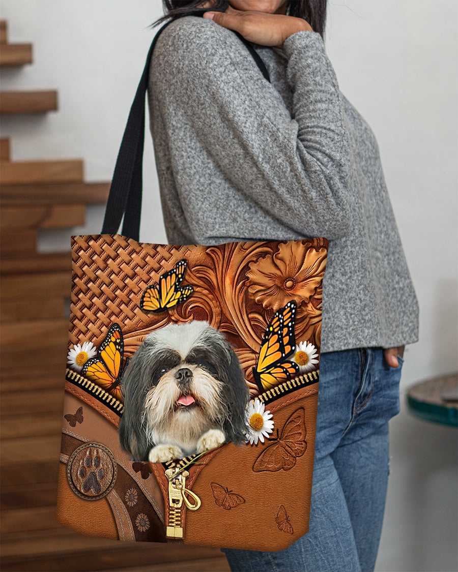 Shih tzu Butterfly Daisy Cloth Tote Bag