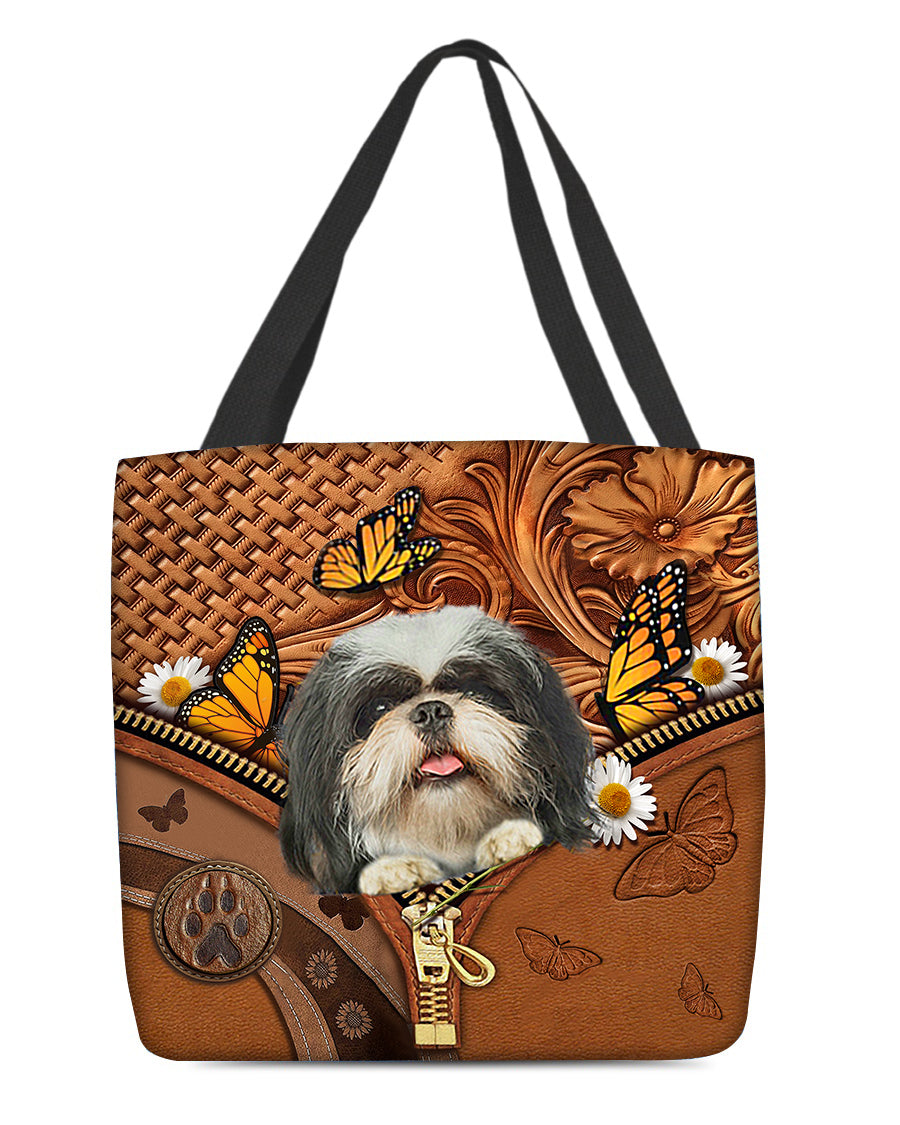 Shih tzu Butterfly Daisy Cloth Tote Bag