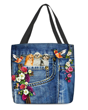 Shih tzu 3-Cardinal & Cross Flower Cloth Tote Bag