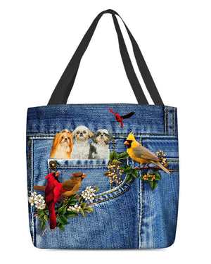 Shih tzu 3-Cardinal & Dog Cloth Tote Bag