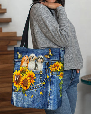 Shih tzu 3-Sunflowers & Butterflies Cloth Tote Bag