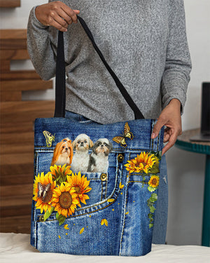 Shih tzu 3-Sunflowers & Butterflies Cloth Tote Bag