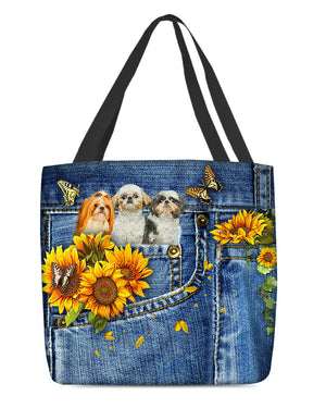 Shih tzu 3-Sunflowers & Butterflies Cloth Tote Bag