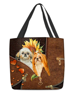 Shih tzu 3-Sunflower&zipper Cloth Tote Bag