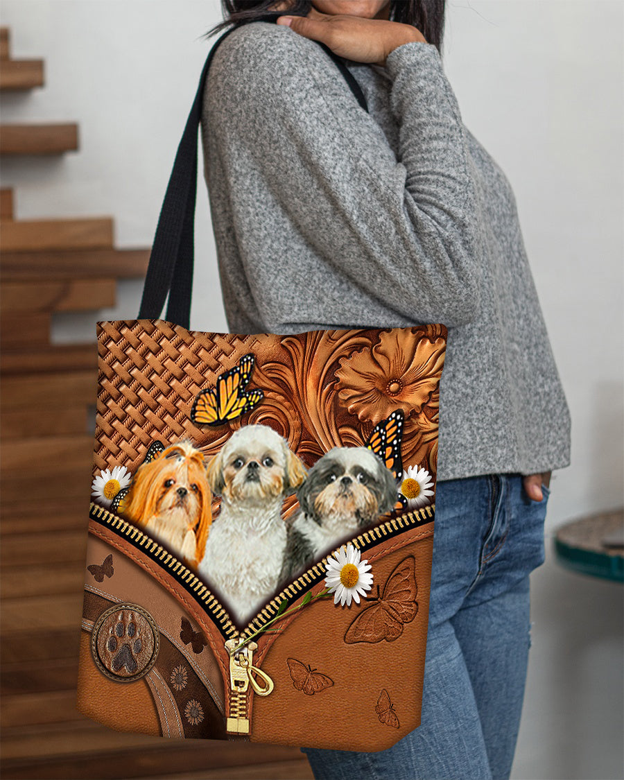 Shih tzu n3 Butterfly Daisy Cloth Tote Bag