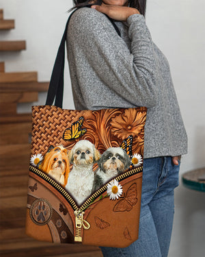 Shih tzu n3 Butterfly Daisy Cloth Tote Bag