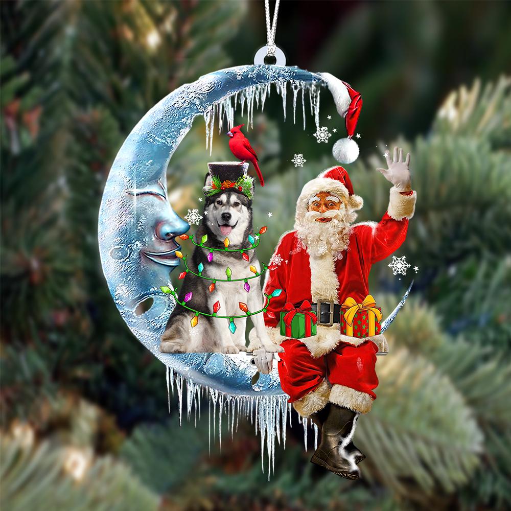 Siberian Husky-Santa Claus And Moon Two Sided Ornament