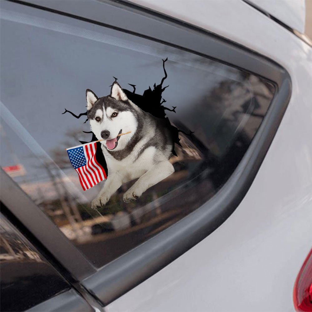 Siberian Husky And American Flag Independent Day Car Sticker Decal