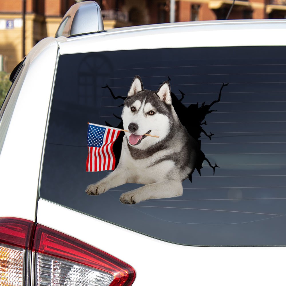 Siberian Husky And American Flag Independent Day Car Sticker Decal