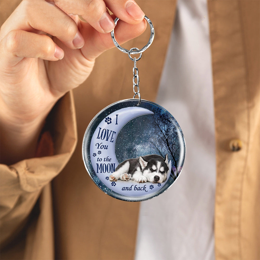 Siberian Husky Moon Back-Round Resin Epoxy Metal Keychain