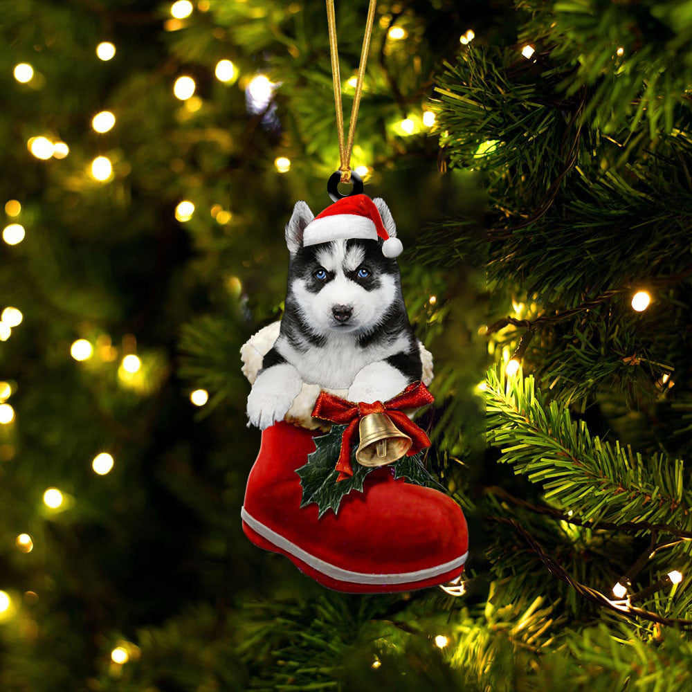 Siberian Husky (1)-1-In Santa Boot Christmas-Two Sided Ornament