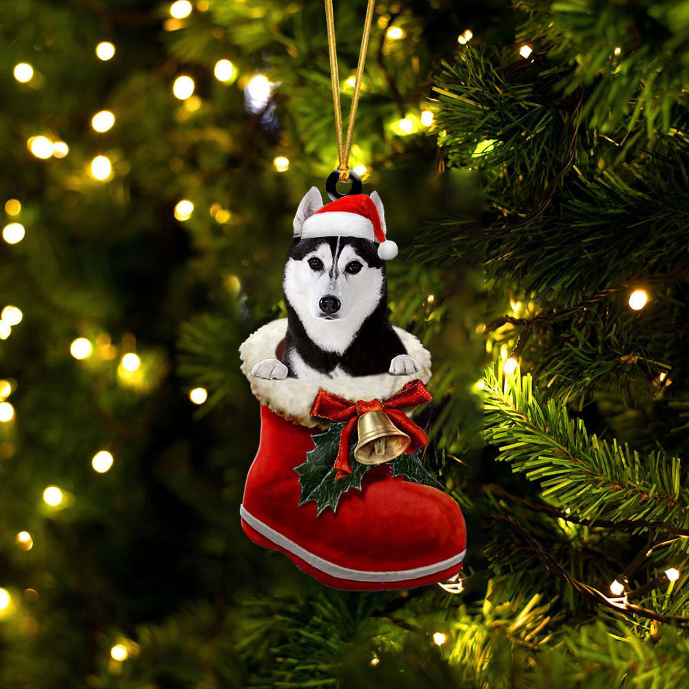Siberian Husky (4)-1-In Santa Boot Christmas-Two Sided Ornament