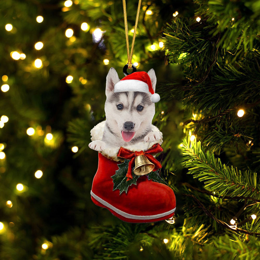Siberian Husky (5)-1-In Santa Boot Christmas-Two Sided Ornament