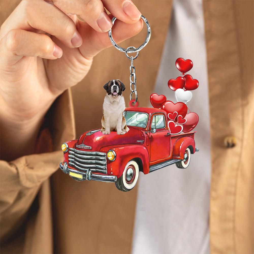 St Bernard-Red Sports Car flat Acrylic Keychain