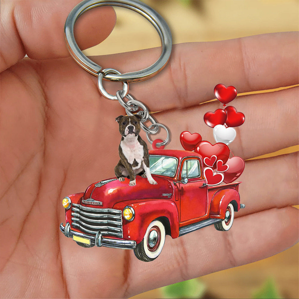Staffordshire Bull Terrier-Red Sports Car flat Acrylic Keychain