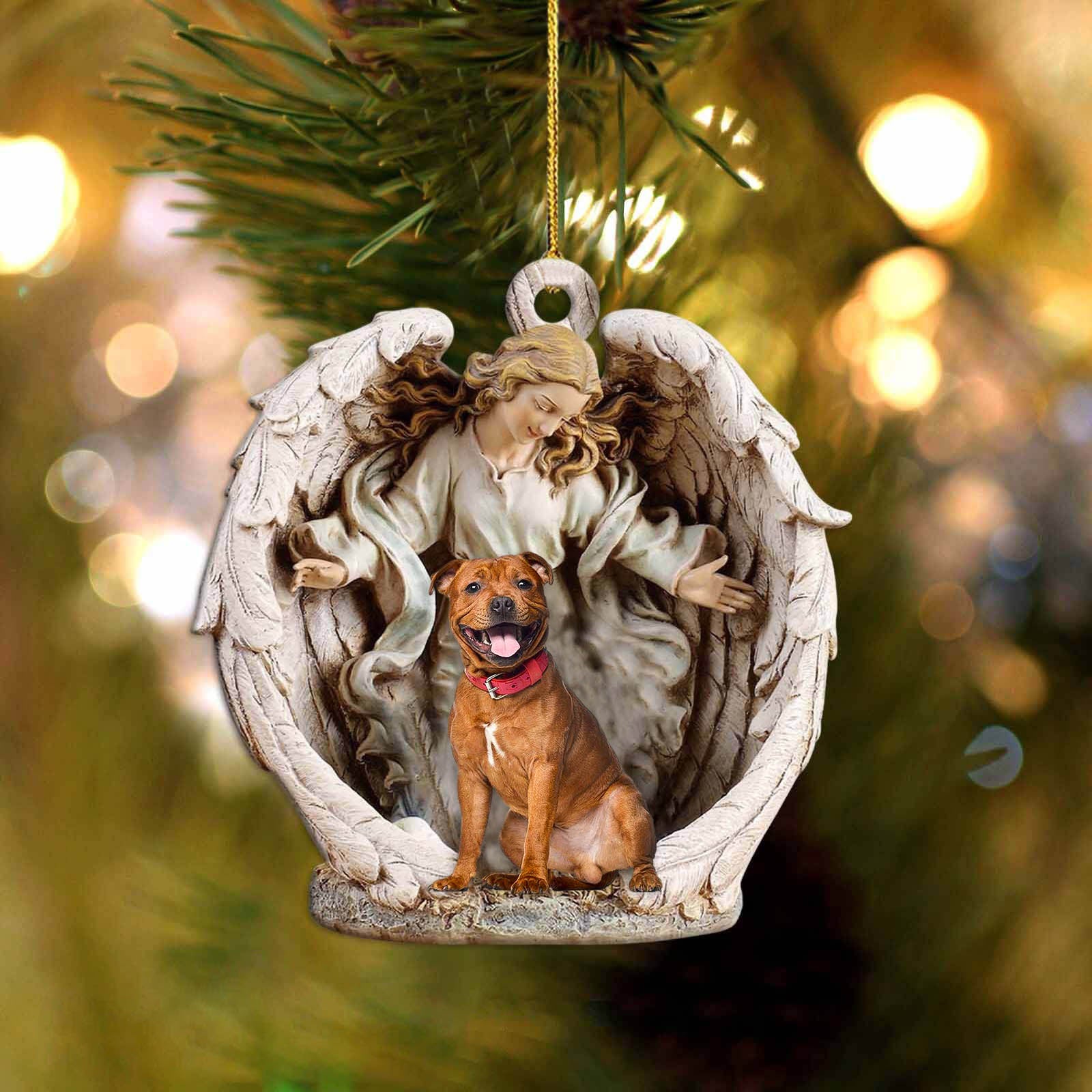 Staffordshire Bull Terrier 2-Angel Hug Winter Love Two Sided Ornament