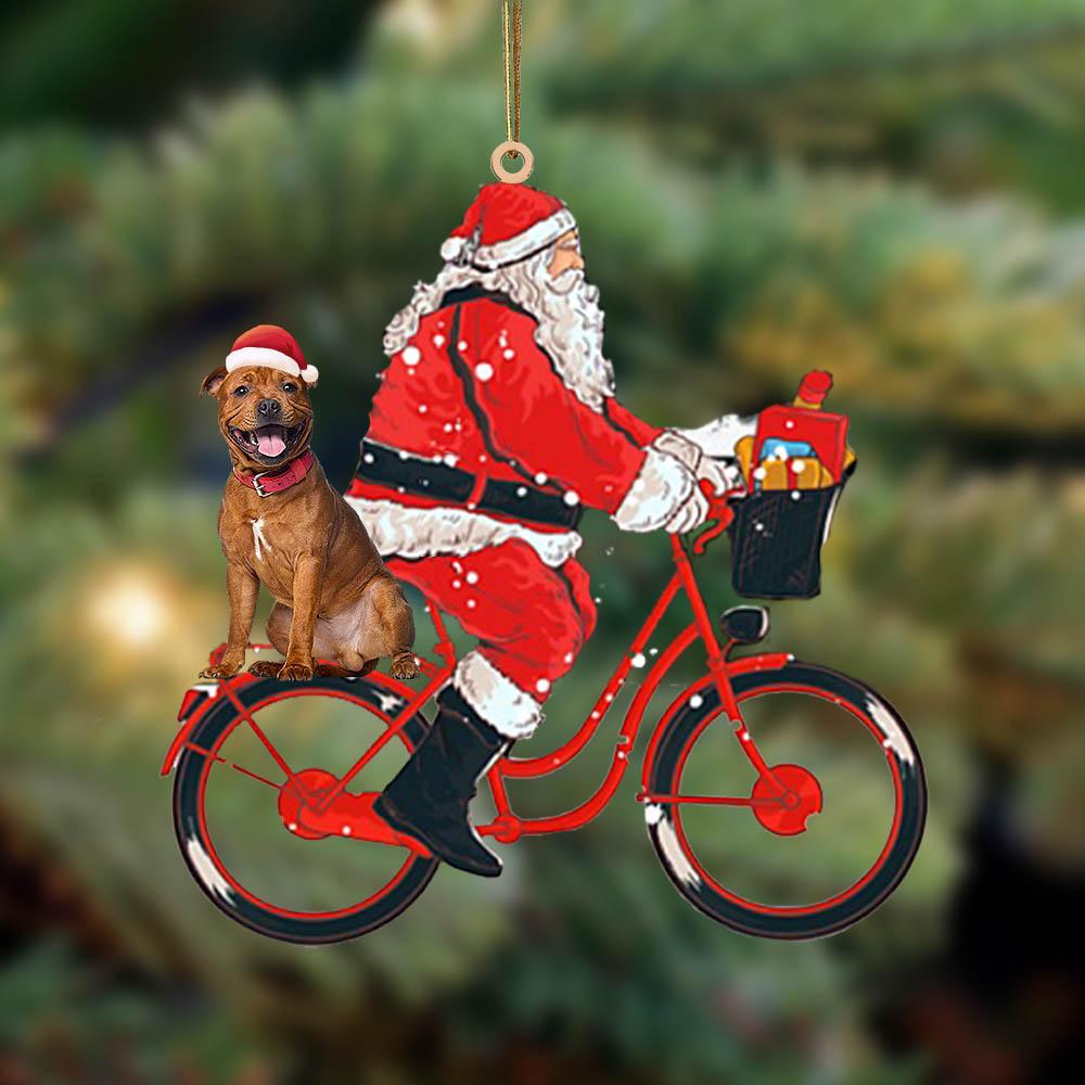 Santa Claus riding a bike with Staffordshire Bull Terrier 2-Two Sided Ornament