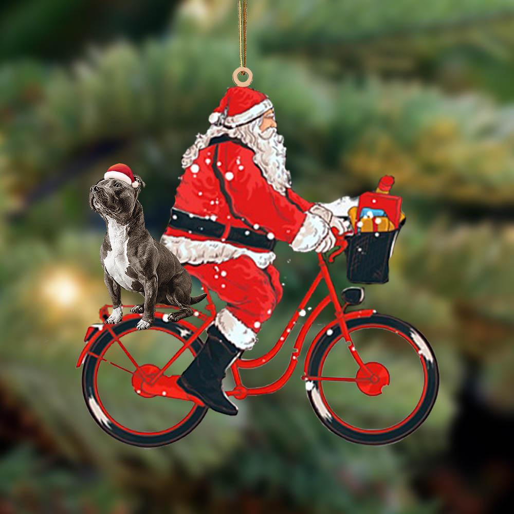 Santa Claus riding a bike with Staffordshire Bull Terrier (2)-Two Sided Ornament