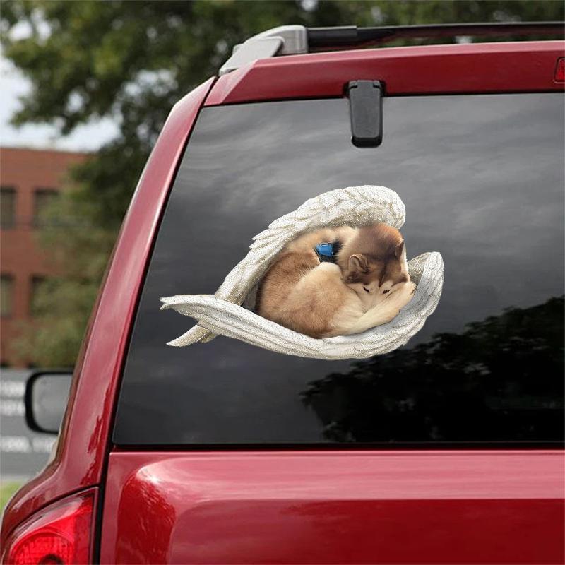 Tan and white husky-sleeping angel CAR STICKER