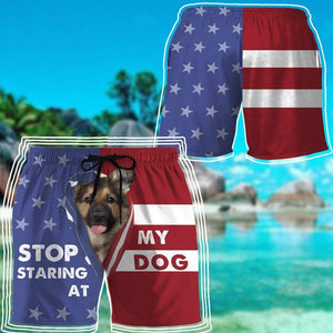 3D Stop staring at my dog German Shepherd Custom Beach Shorts Swim Trunks