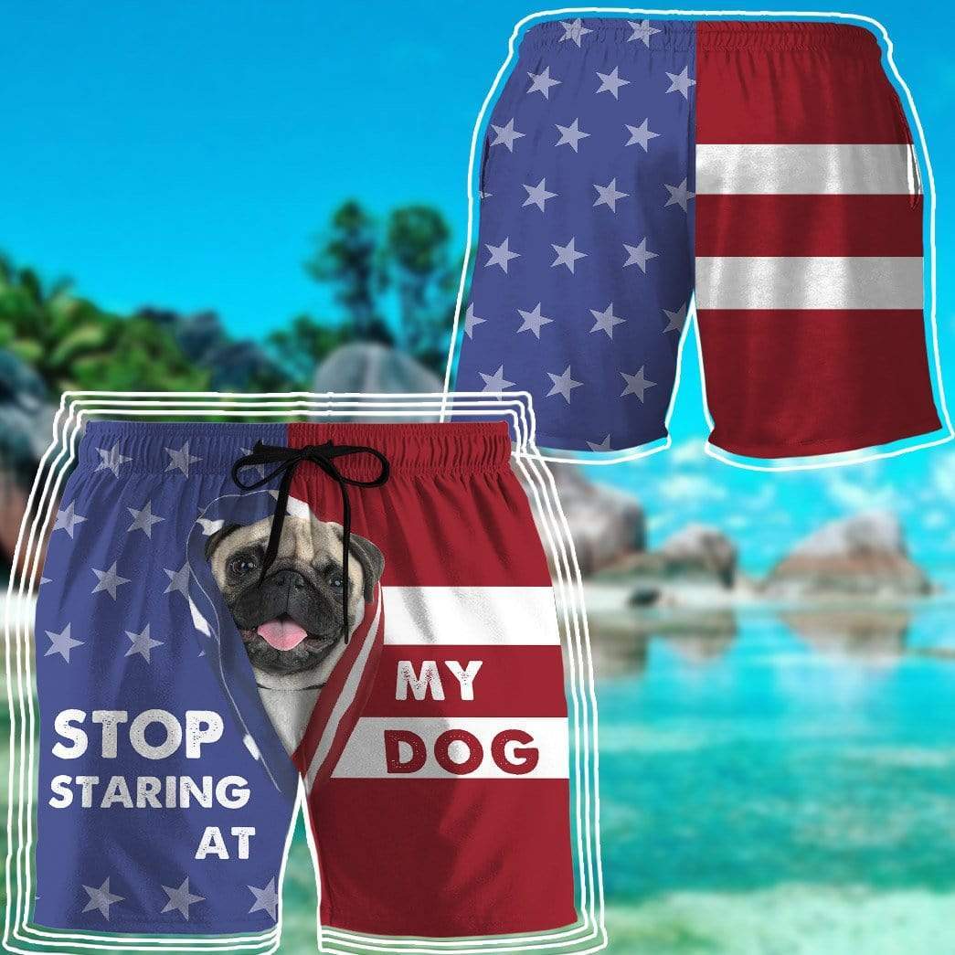 3D Stop staring at my dog Pug Custom Beach Shorts Swim Trunks