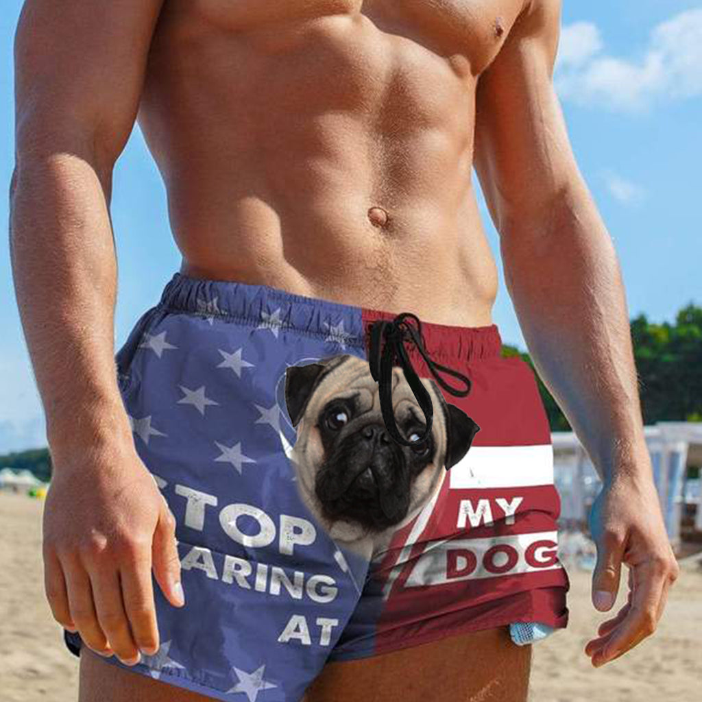 3D Stop staring at my dog pug Beach Shorts Swim Trunks