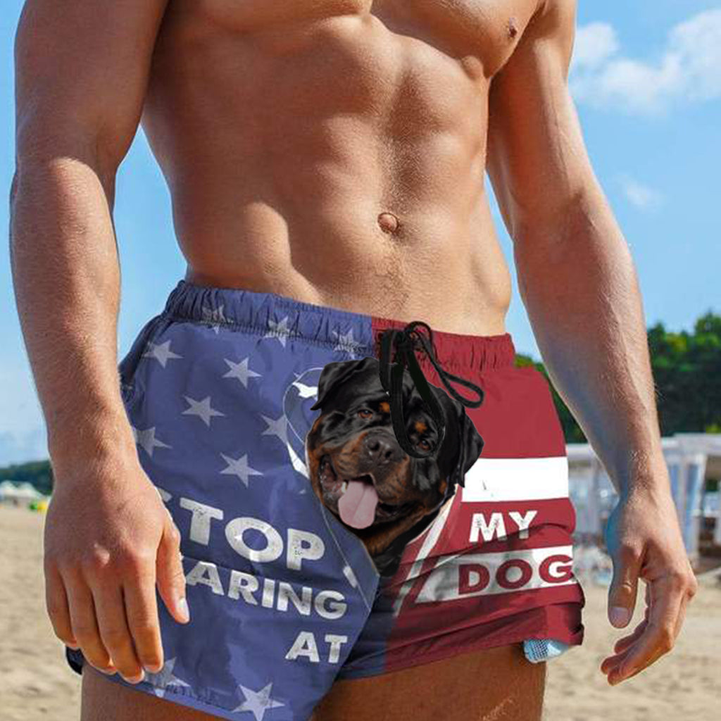 3D Stop staring at my dog Rottweiler Beach Shorts Swim Trunks