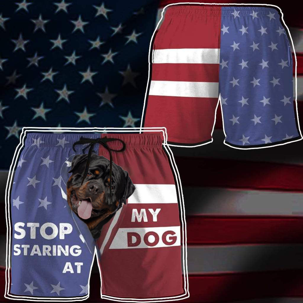 3D Stop staring at my dog Rottweiler Beach Shorts Swim Trunks