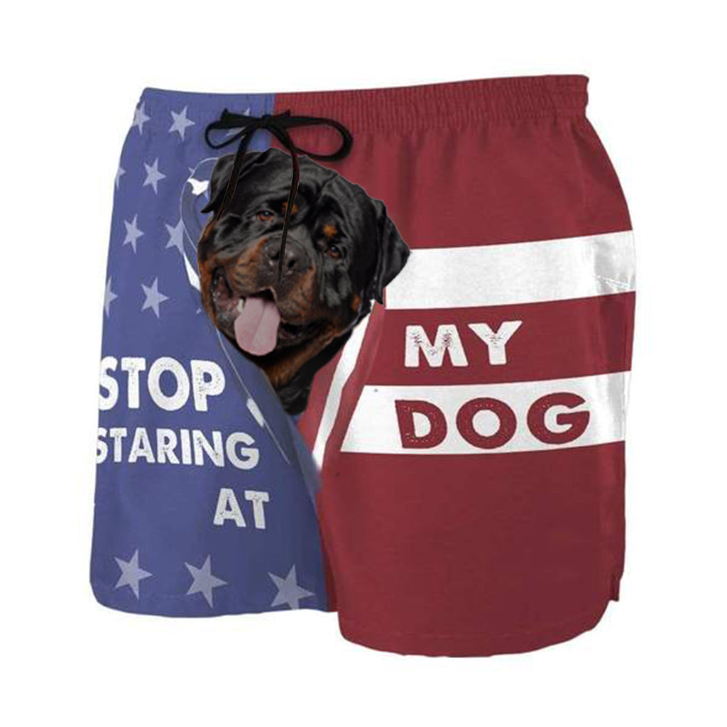 3D Stop staring at my dog Rottweiler Beach Shorts Swim Trunks