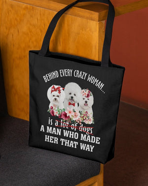 WHITE Bichon Frise-Crazy Woman Cloth Tote Bag