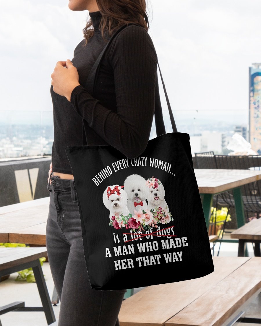 WHITE Bichon Frise-Crazy Woman Cloth Tote Bag