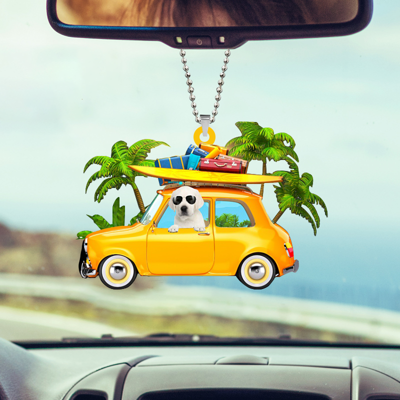 WHITE Labrador-Yellow Sports Car Two Sides Ornament